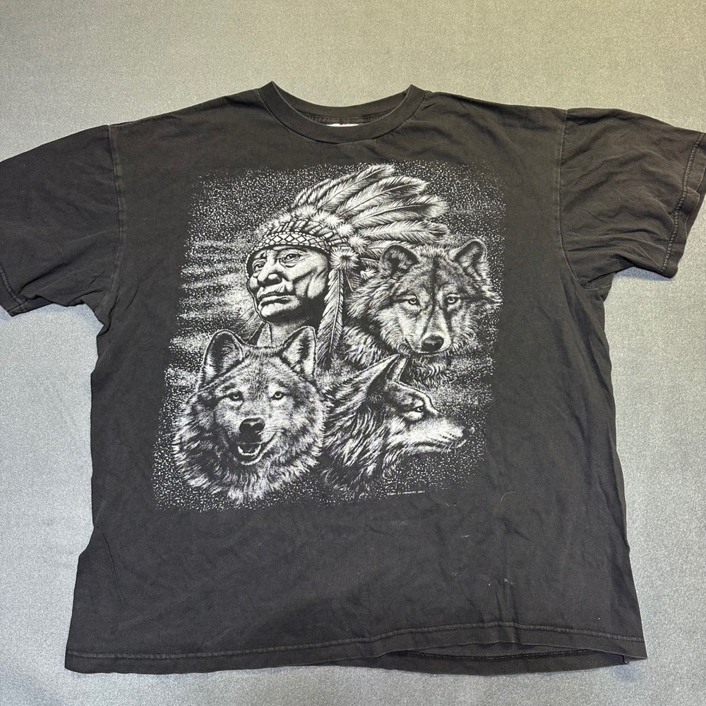 PCA Graphic Tee Mens XL Black Native American Chief Wolves Vintage Style Cotton